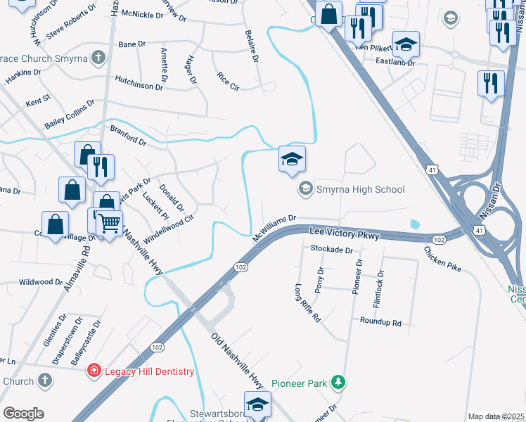map of restaurants, bars, coffee shops, grocery stores, and more near 321 Stewarts Landing Circle in Smyrna