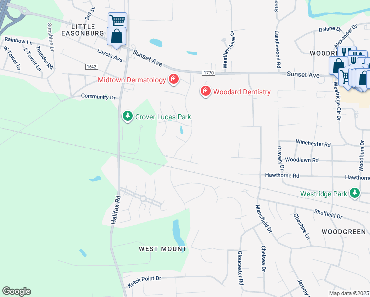 map of restaurants, bars, coffee shops, grocery stores, and more near 405 Mayfair Drive in Rocky Mount