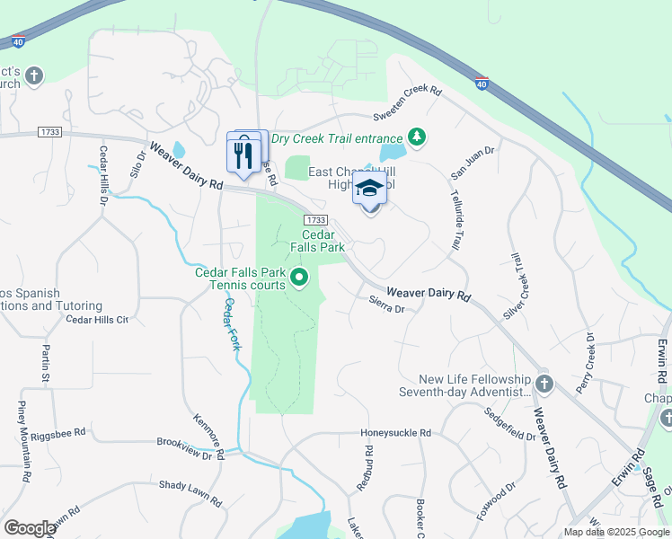 map of restaurants, bars, coffee shops, grocery stores, and more near 212 Sierra Drive in Chapel Hill