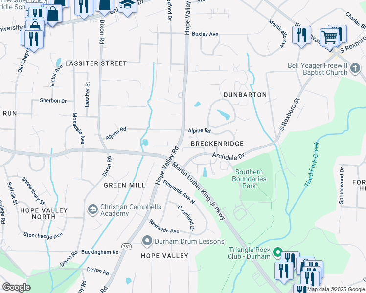 map of restaurants, bars, coffee shops, grocery stores, and more near 532 High Ridge Drive in Durham