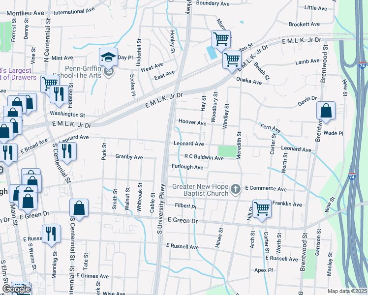 map of restaurants, bars, coffee shops, grocery stores, and more near 1210 Leonard Avenue in High Point