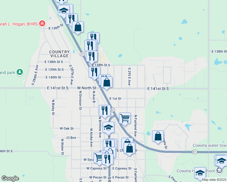 map of restaurants, bars, coffee shops, grocery stores, and more near 146 East 141st Street South in Coweta