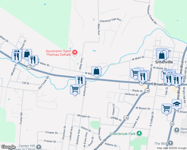 map of restaurants, bars, coffee shops, grocery stores, and more near 474 West Main Street in Smithville