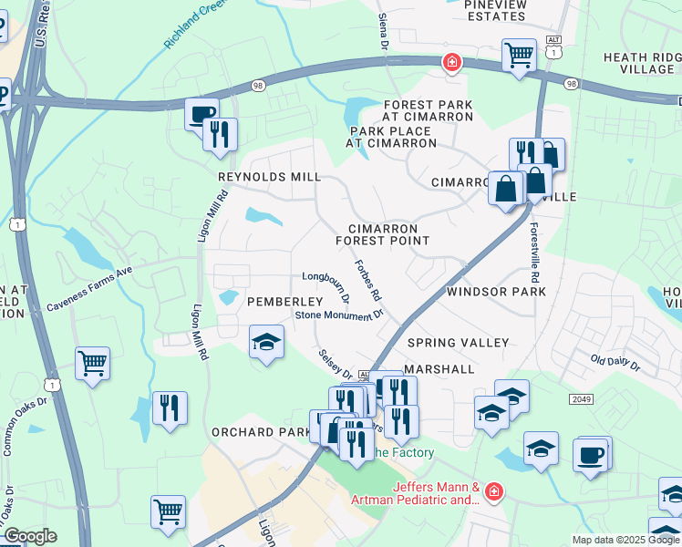 map of restaurants, bars, coffee shops, grocery stores, and more near 228 Longbourn Drive in Wake Forest