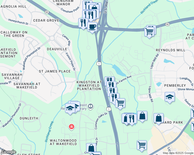 map of restaurants, bars, coffee shops, grocery stores, and more near 11928 Field Towne Lane in Raleigh