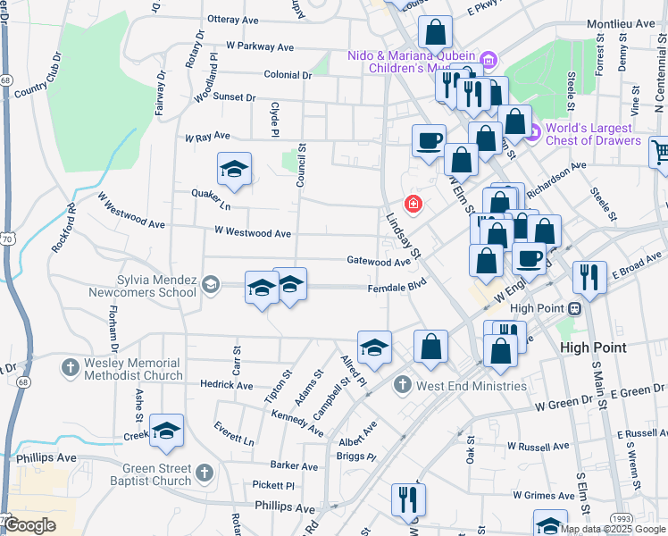 map of restaurants, bars, coffee shops, grocery stores, and more near 519 Gatewood Avenue in High Point