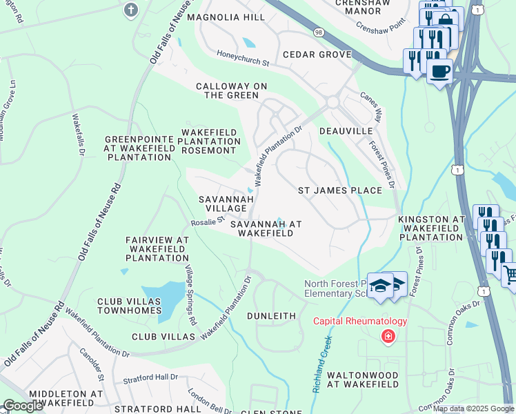 map of restaurants, bars, coffee shops, grocery stores, and more near 12713 Topiary Court in Raleigh