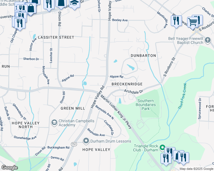 map of restaurants, bars, coffee shops, grocery stores, and more near 532 High Ridge Drive in Durham