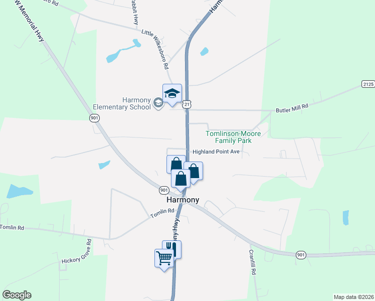 map of restaurants, bars, coffee shops, grocery stores, and more near 3381 Harmony Highway in Harmony