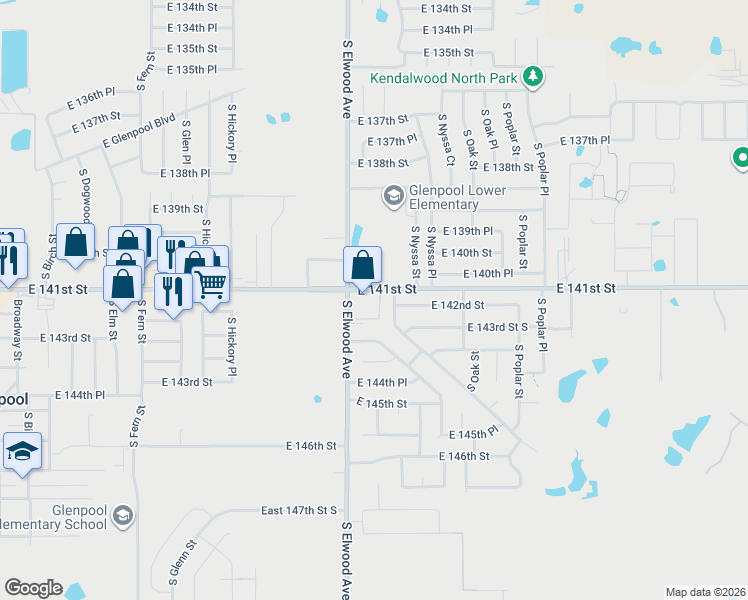 map of restaurants, bars, coffee shops, grocery stores, and more near 1050 East 141st Street in Glenpool