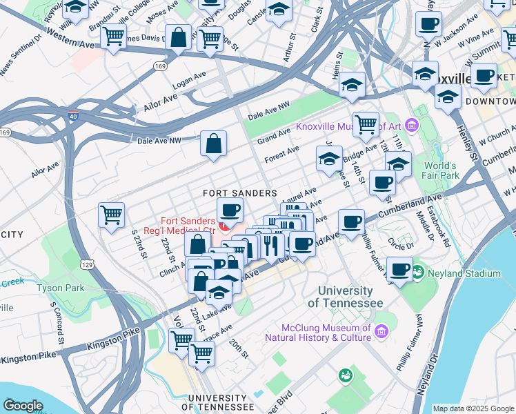 map of restaurants, bars, coffee shops, grocery stores, and more near 1723 Laurel Avenue in Knoxville