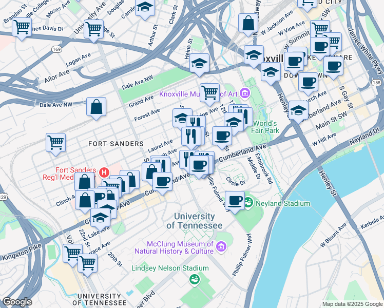 map of restaurants, bars, coffee shops, grocery stores, and more near 1519 White Avenue in Knoxville