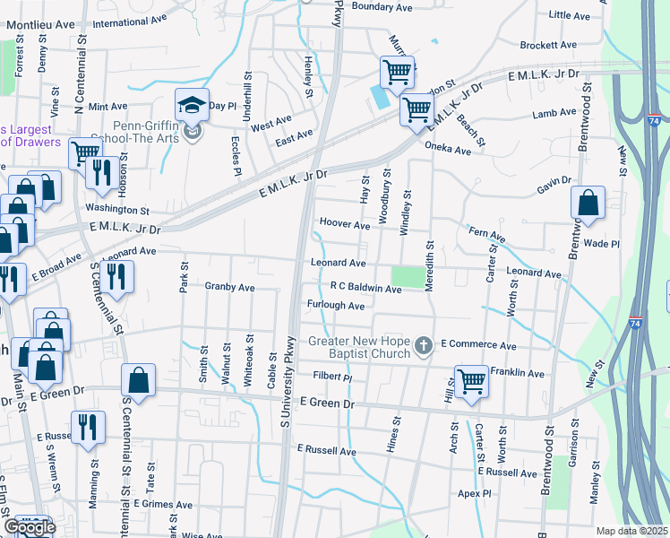 map of restaurants, bars, coffee shops, grocery stores, and more near 1212 Leonard Avenue in High Point