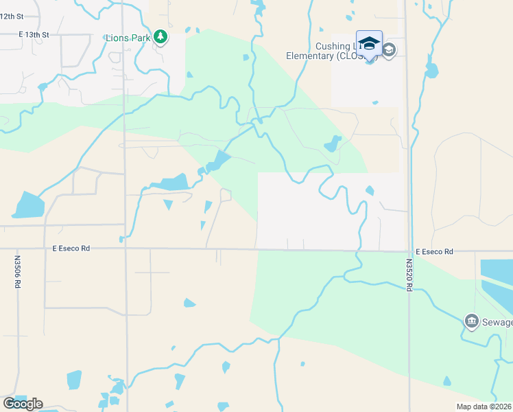 map of restaurants, bars, coffee shops, grocery stores, and more near 2020 East Eseco Road in Cushing