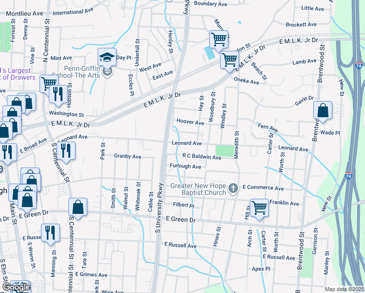 map of restaurants, bars, coffee shops, grocery stores, and more near 1210 Leonard Avenue in High Point