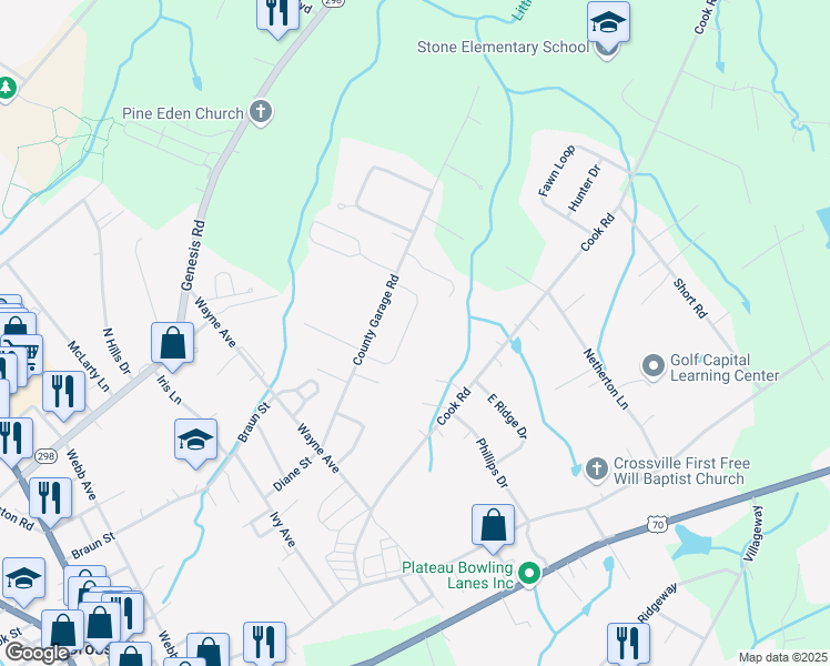 map of restaurants, bars, coffee shops, grocery stores, and more near 187 Panther Valley Road in Crossville