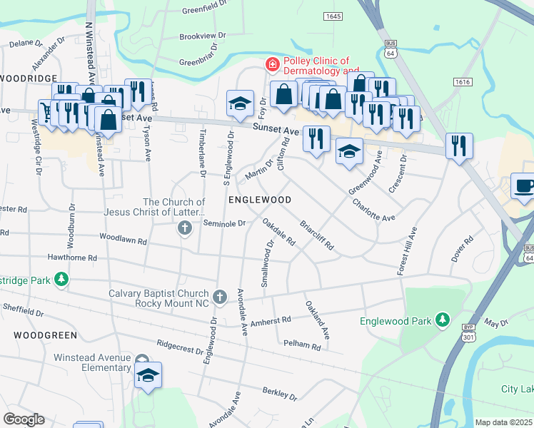 map of restaurants, bars, coffee shops, grocery stores, and more near 340 Oakdale Road in Rocky Mount