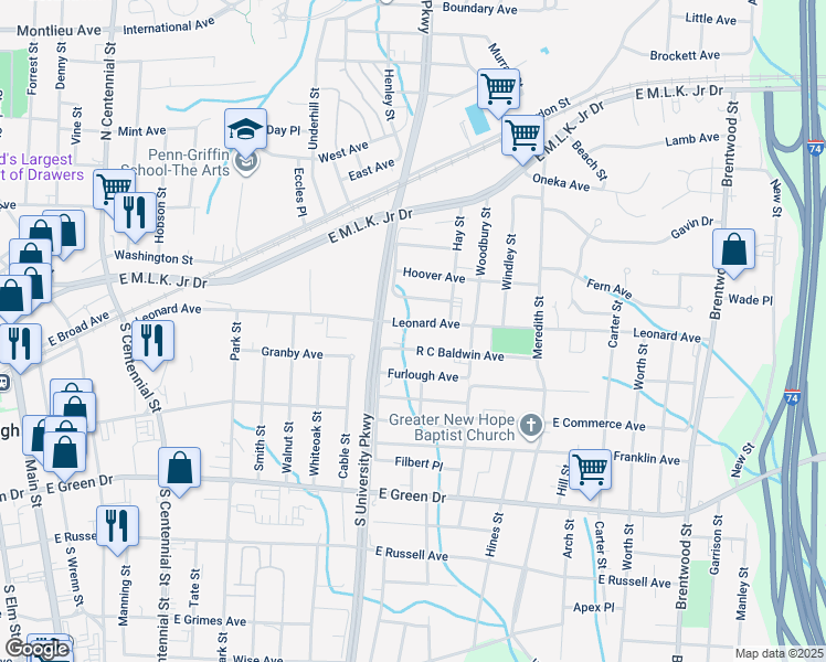 map of restaurants, bars, coffee shops, grocery stores, and more near 1208 Leonard Avenue in High Point