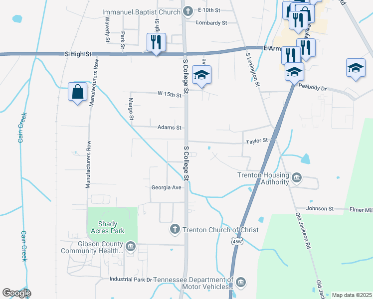 map of restaurants, bars, coffee shops, grocery stores, and more near South College Street in Trenton