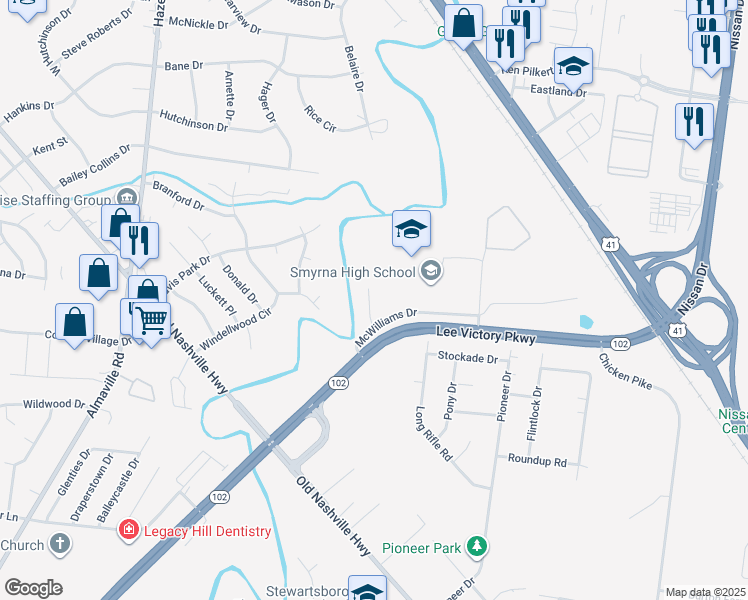 map of restaurants, bars, coffee shops, grocery stores, and more near 100 Bulldog Drive in Smyrna
