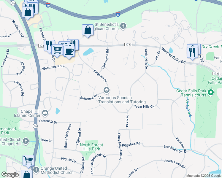 map of restaurants, bars, coffee shops, grocery stores, and more near 147 Kingston Drive in Chapel Hill