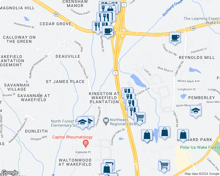 map of restaurants, bars, coffee shops, grocery stores, and more near 11931 Field Towne Lane in Raleigh