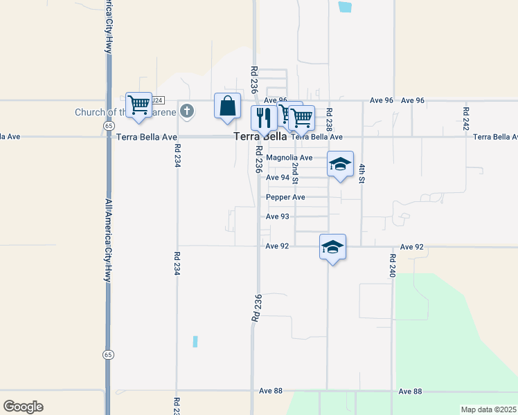map of restaurants, bars, coffee shops, grocery stores, and more near 9318 Road 236 in Terra Bella