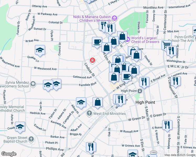 map of restaurants, bars, coffee shops, grocery stores, and more near 306 Lindsay Street in High Point