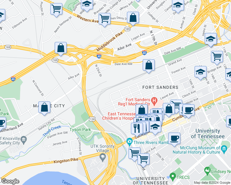 map of restaurants, bars, coffee shops, grocery stores, and more near 2249 Grand Avenue in Knoxville