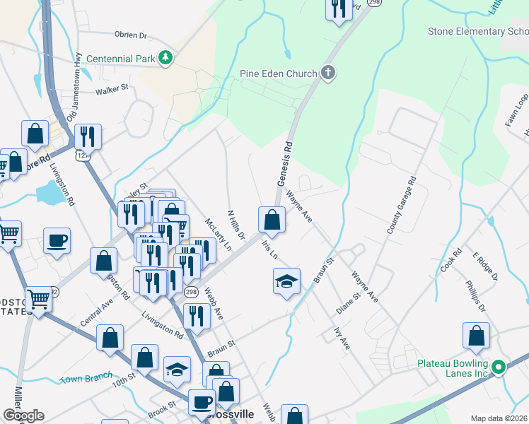 map of restaurants, bars, coffee shops, grocery stores, and more near 80 Stone Drive in Crossville