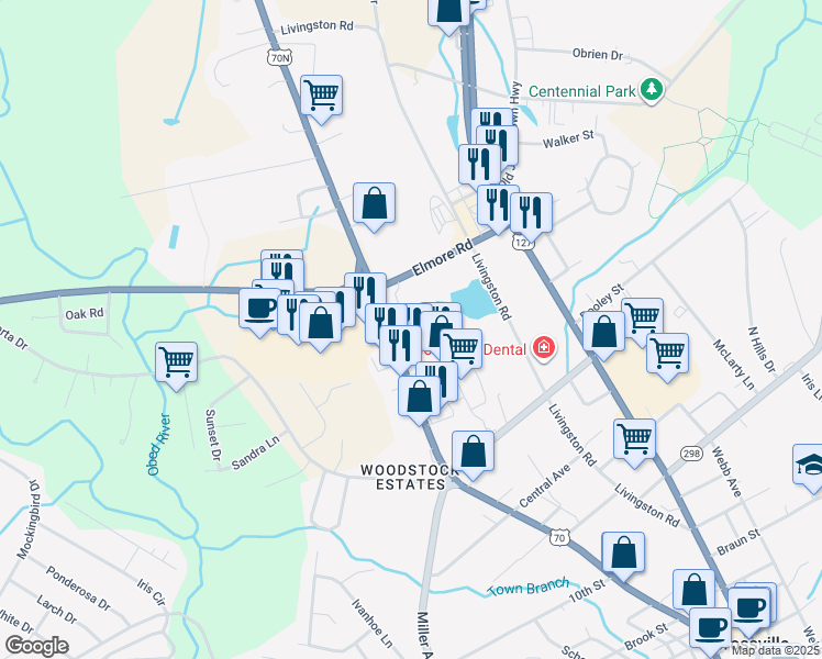 map of restaurants, bars, coffee shops, grocery stores, and more near 1340 West Avenue in Crossville