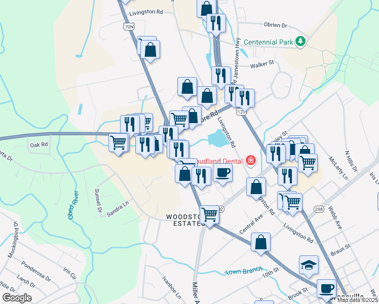 map of restaurants, bars, coffee shops, grocery stores, and more near 1340 West Avenue in Crossville