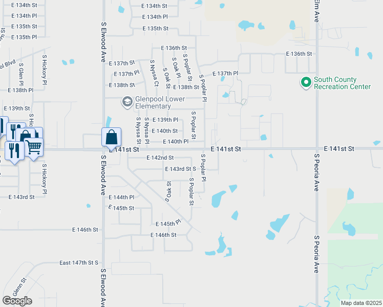 map of restaurants, bars, coffee shops, grocery stores, and more near 1419 East 142nd Street in Glenpool