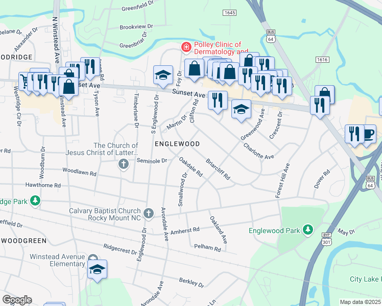 map of restaurants, bars, coffee shops, grocery stores, and more near 337 Briarcliff Road in Rocky Mount