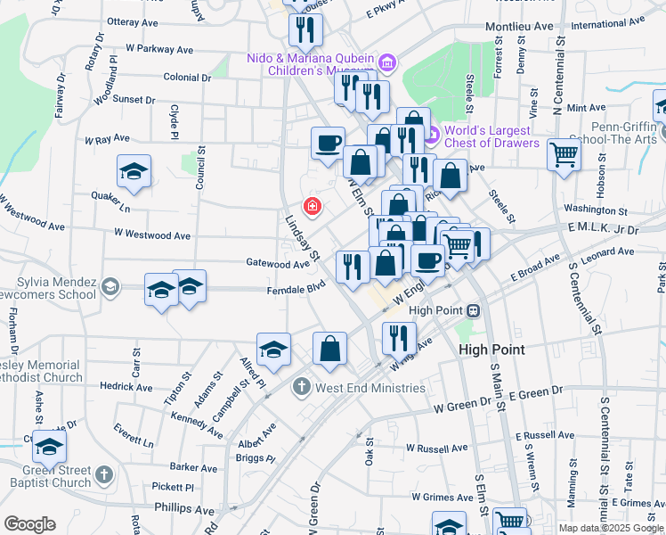 map of restaurants, bars, coffee shops, grocery stores, and more near 306 Lindsay Street in High Point