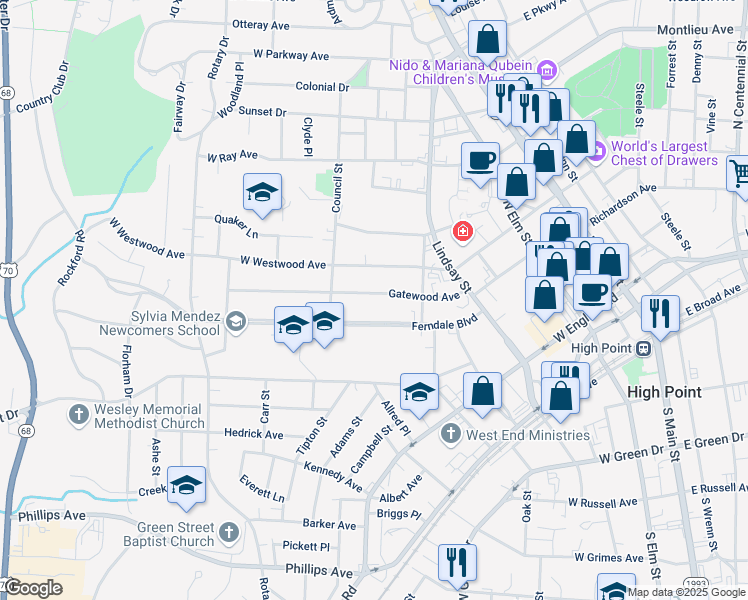 map of restaurants, bars, coffee shops, grocery stores, and more near 519 Gatewood Avenue in High Point