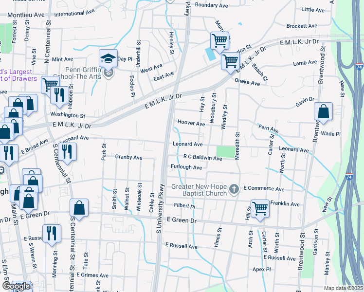 map of restaurants, bars, coffee shops, grocery stores, and more near 1208 Leonard Avenue in High Point