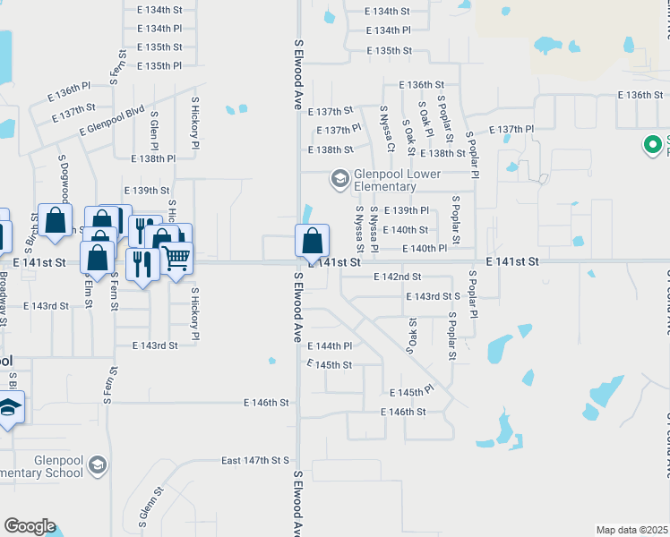map of restaurants, bars, coffee shops, grocery stores, and more near 14132 South Nyssa Avenue East in Glenpool