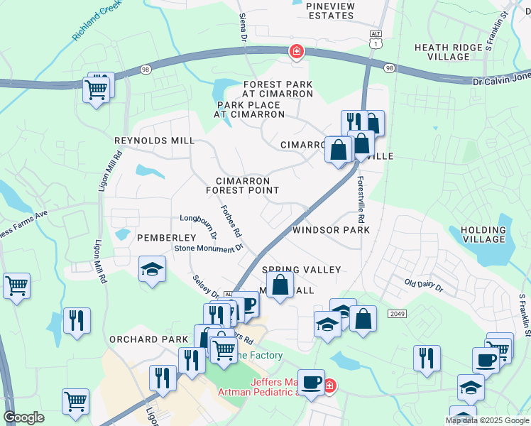 map of restaurants, bars, coffee shops, grocery stores, and more near 1424 Cimarron Parkway in Wake Forest