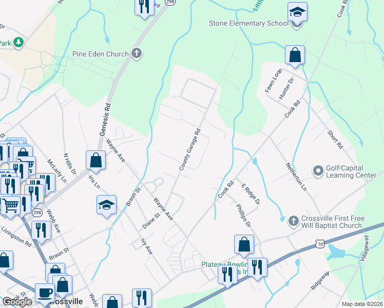 map of restaurants, bars, coffee shops, grocery stores, and more near 304 County Garage Road in Crossville