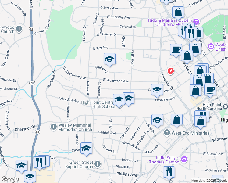 map of restaurants, bars, coffee shops, grocery stores, and more near 620 Gatewood Avenue in High Point