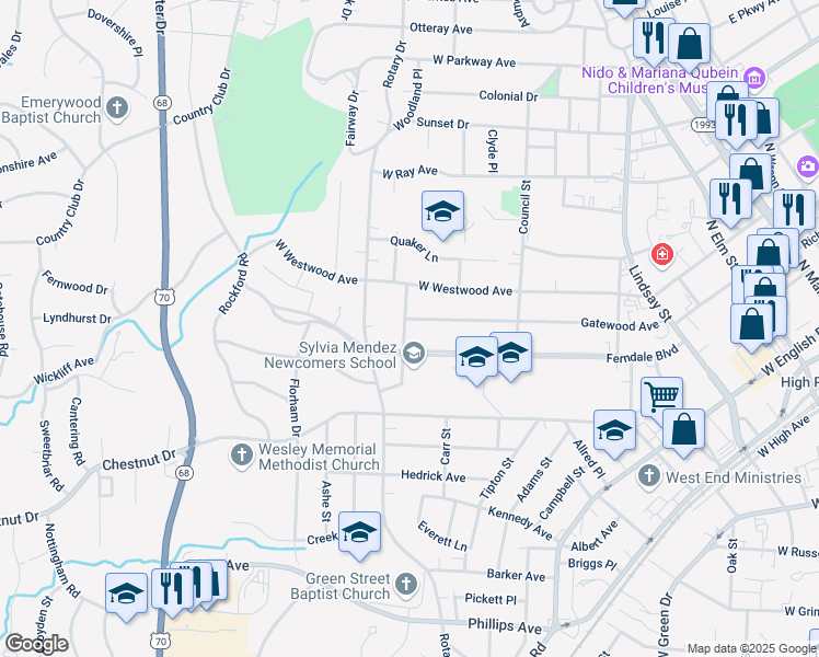 map of restaurants, bars, coffee shops, grocery stores, and more near 716 Gatewood Avenue in High Point