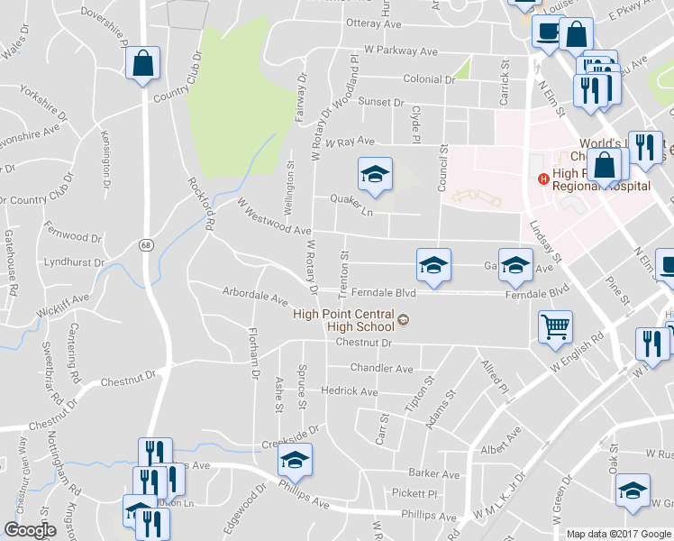 map of restaurants, bars, coffee shops, grocery stores, and more near 907 Trenton Street in High Point