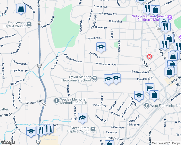map of restaurants, bars, coffee shops, grocery stores, and more near 907 Trenton Street in High Point