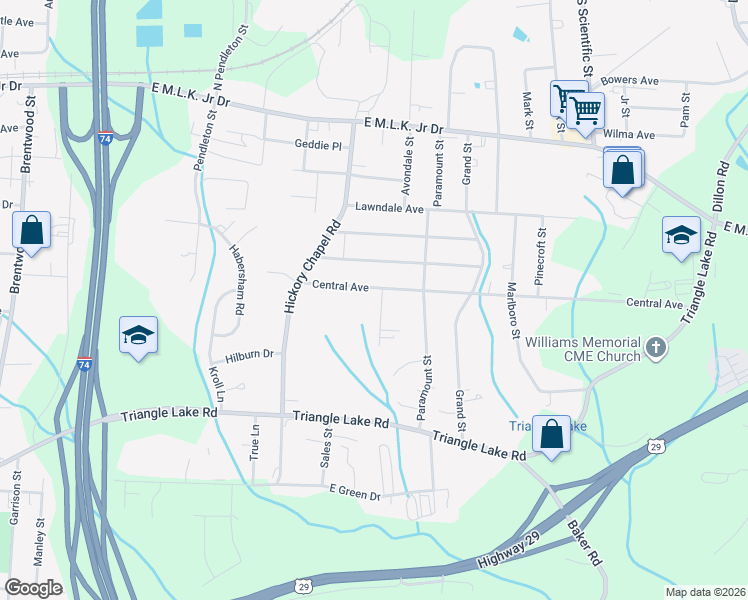 map of restaurants, bars, coffee shops, grocery stores, and more near 2809 Central Avenue in High Point
