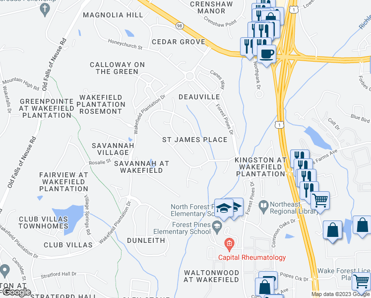 map of restaurants, bars, coffee shops, grocery stores, and more near 12021 Jasmine Cove Way in Raleigh