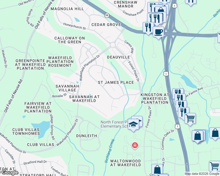 map of restaurants, bars, coffee shops, grocery stores, and more near 12028 Jasmine Cove Way in Raleigh