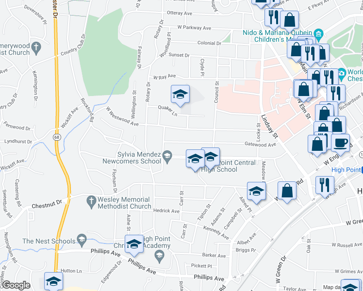 map of restaurants, bars, coffee shops, grocery stores, and more near 711 Gatewood Avenue in High Point