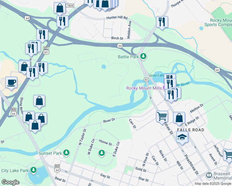 map of restaurants, bars, coffee shops, grocery stores, and more near 1208 Tavern Landing in Rocky Mount