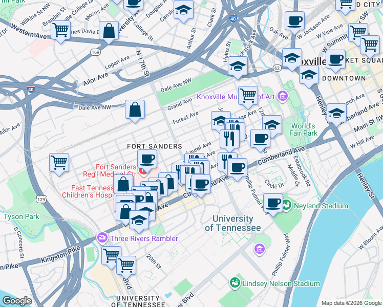 map of restaurants, bars, coffee shops, grocery stores, and more near in Knoxville